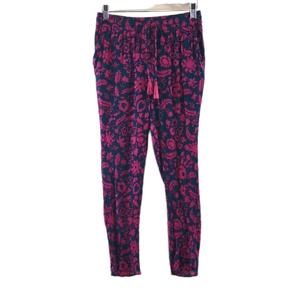 Boden Green Pink Floral Batik Capri Pants Womens 2R Pull‎ On Cropped - Picture 1 of 10